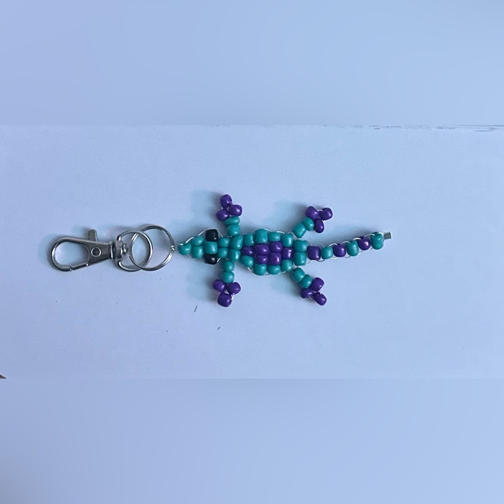 Beaded Lizard Keychain - Turquoise and Purple